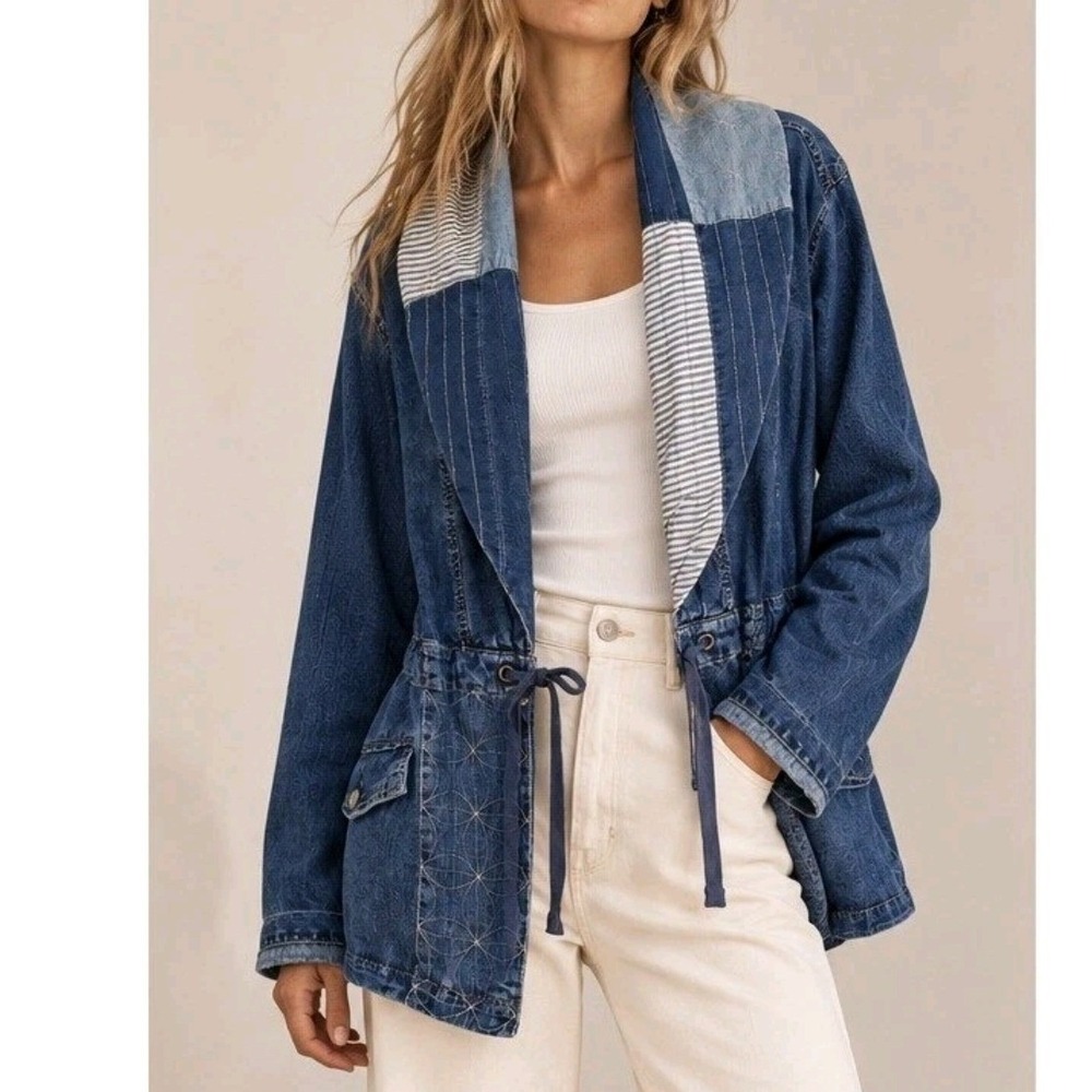Anthropologie Horses Denim Jacket Womens Large Blue Patchwork Shawl Collar EUC